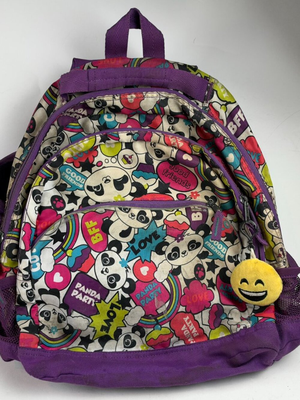 Girls Panda Party Print Backpack Bookbag Purple Emoji Plush Charm Stained 15"